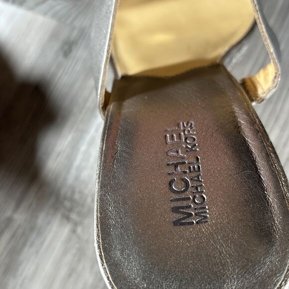Michael Kors Marin Slide MC Gold Bronze 3.5” Wedge Sandal Silver Ring US 9 - Picture 15 of 16